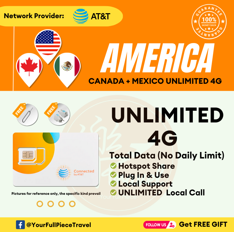 【AT&T】USA+Canada+Mexico Prepaid Travel SIM Card 美国+加拿大+墨西哥当地上网卡【UNLIMITED 4G DATA】  【No Daily Capped】